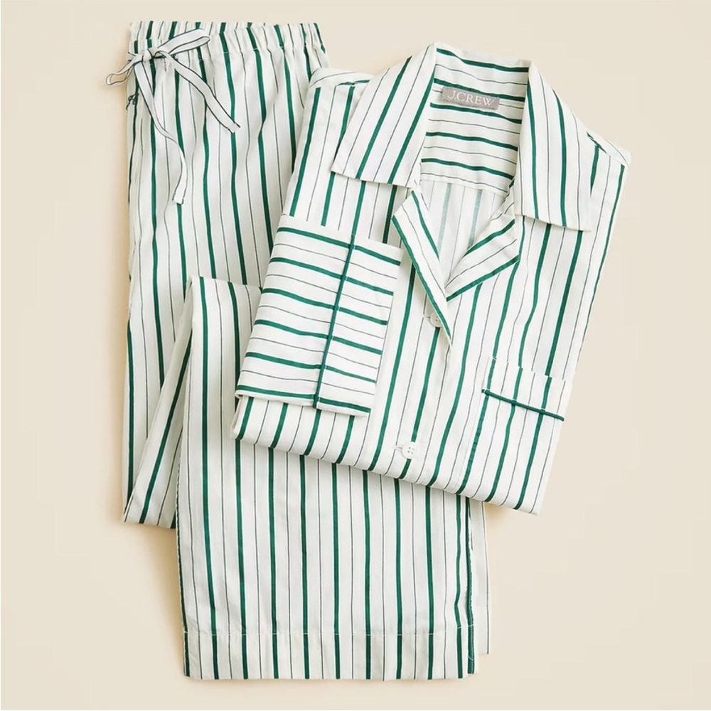 Jcrew Cotton Poplin Long Sleeve Pajama Pant Set in Peppermint NWT Ivory/Green